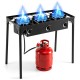 3 Burner Propane Stove showcasing flames from cast iron burners, designed for high-heat cooking during outdoor adventures.