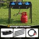 Three-burner propane stove with adjustable regulator and hose, designed for outdoor cooking, camping, and BBQ.
