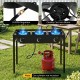 Three-burner propane stove with adjustable regulator and hose, designed for camping BBQ and outdoor cooking.