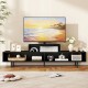 Black 3 cubby TV stand for TVs up to 70 inches, featuring open storage compartments and a spacious tabletop.