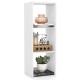 Three-cube bookshelf in white with back guardrail, featuring books, decor, and a plant for stylish organization.