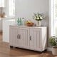 3-door buffet sideboard in white wash, showcasing elegant metal handles and a spacious countertop for versatile display.
