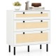 3-drawer rattan nightstand in white with woven texture, ideal for bedroom storage and decoration display.