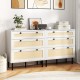 Boho 3-drawer nightstand in white with rattan texture, featuring spacious top and adjustable metal legs for stability.