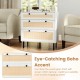 3-drawer rattan nightstand in white with wood grain finish, perfect for bedroom storage and decor display.