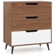 Three-drawer rustic farmhouse wooden storage dresser in walnut with metal legs, ideal for living room or bedroom use.