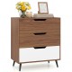 Three-drawer rustic farmhouse wooden storage dresser in walnut with a white drawer front, ideal for living room or bedroom use.