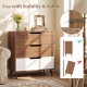 Rustic farmhouse 3-drawer wooden storage dresser in walnut with metal legs and anti-toppling devices for safety.