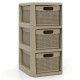 Three-drawer storage organizer in black with wicker patterns, perfect for cosmetics and office supplies, ideal for.