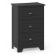 Three-drawer black wood nightstand with vintage handles, ideal for bedside storage in any room decor.