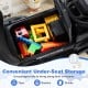 Under-seat storage in the black 3-in-1 Ford push car for toddlers, perfect for toys, snacks, and drinks during playtime.