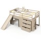 Twin loft bed in beige with slide, ladder, and drawers, made of solid wood for kids' storage and play space.