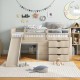 Twin loft bed in beige with slide, ladder, and drawers, designed for kids' storage and play space.