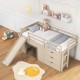 Twin loft bed in beige with slide, ladder, and drawers, perfect for kids' rooms and maximizing storage space.