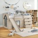 Beige twin loft bed with slide, featuring a sturdy design, protective handrails, and ample space for games underneath.