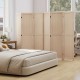 Three-panel folding room divider in beige wood, featuring sturdy legs and smooth hinges, ideal for home office or.