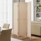 Beige three-panel folding room divider showcasing its wood structure and sleek design, perfect for any room's decor.