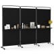 3-panel black room divider with shelves, featuring lockable wheels, ideal for privacy and display in various spaces.