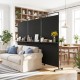 3-panel black room divider with shelves, 6 ft tall, featuring lockable wheels for versatile use in any space.