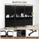3-panel black room divider with shelves, featuring a powder-coated metal frame and lockable wheels for versatile use.