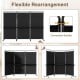 3-panel black room divider with shelves, featuring connection buckles and lockable wheels for versatile privacy.