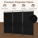 3-panel black room divider with shelves, made of wear-resistant polyester fabric, ideal for privacy and organization.