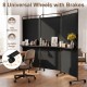 3-panel room divider with shelves, black fabric, lockable wheels, ideal for privacy and organization in various spaces.