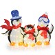 Lighted 3-piece penguin family decoration with 160 LED lights, featuring festive scarves and hats for Christmas cheer.