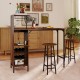 Rustic brown 3-piece bar table set with wine rack, featuring a spacious tabletop and sturdy metal frame for stability.