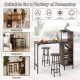 3-piece bar table and chairs set in rustic brown with wine rack, perfect for dining or home bar use.