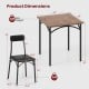 Dimensions of a 3-piece dining table set with a rustic brown finish, featuring a square table and two ergonomic chairs.