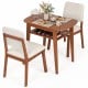 3-piece dining table set for 2 with cherry finish, upholstered chairs, and built-in storage rack for space-saving.
