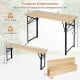 Folding picnic table with benches in natural fir wood, featuring a sturdy metal frame for outdoor gatherings.