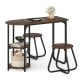 3-piece industrial dining table set in rustic brown with two stools and side shelves, perfect for small spaces.