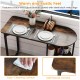 Rustic brown dining table with black metal legs and side shelves, perfect for small spaces and easy to clean.