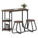 3-piece industrial dining table set in rustic brown with metal frames, includes table and 2 stools for small spaces.