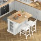 Kitchen island with drop-leaf rubber wood countertop and two white bar stools, perfect for modern kitchen spaces.