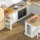 Kitchen island with rubber wood countertop, two bar stools, and narrow storage cart for versatile kitchen organization.