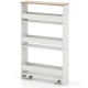 Narrow rolling storage cart with adjustable shelves, white finish, and lockable casters for flexible kitchen.