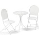 White 3-piece metal bistro set featuring a round table and two folding chairs, ideal for indoor and outdoor use.