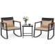 3-piece outdoor rocking bistro set with wicker chairs, soft cushions, and tempered glass table for patio relaxation.