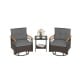 Two gray swivel chairs with acacia wood armrests and a tempered glass side table for outdoor relaxation.