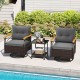 Two gray swivel chairs with acacia wood armrests and a tempered glass side table, perfect for poolside relaxation.