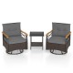 Outdoor swivel chair set featuring gray cushions, PE rattan, and a tempered glass side table for backyard relaxation.