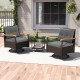 Two gray swivel chairs with acacia wood armrests and a tempered glass side table, perfect for outdoor relaxation.