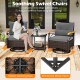 Swivel chairs with gray cushions and acacia wood armrests, perfect for outdoor relaxation by the poolside or porch.