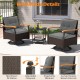 Outdoor swivel chair set featuring gray cushions, PE rattan, and acacia wood armrests, perfect for backyard relaxation.