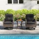 Two black cushioned swivel rockers with a glass side table, perfect for relaxing by the poolside or backyard.