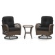 Close-up of a plush black cushion on a patio swivel rocker, offering comfort and style for outdoor spaces.