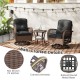 Patio swivel rocker set featuring mix brown PE rattan, thick black cushions, and a tempered glass side table for.